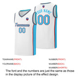 Custom basketball jersey shorts for men and women. Embroidered and printed name, number and logo White&Light Blue&Red