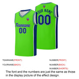 Custom basketball jersey shorts for men and women. Embroidered and printed name, number and logo Neon Green&Royal