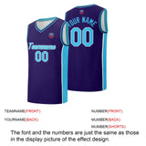 Custom basketball jersey shorts for men and women. Embroidered and printed name, number and logo Purple&Light Blue