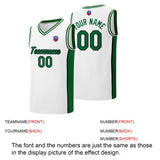 Custom basketball jersey shorts for men and women. Embroidered and printed name, number and logo White&Green