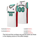 Custom basketball jersey shorts for men and women. Embroidered and printed name, number and logo White&Red&Green