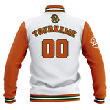 Custom White Orange Waterproof Varsity Jackets Personalized Stitched Name Number Logo to Letterman Jackets