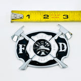 "Fire Dept Metal Badge, 3" x 2-1/4" Chrome, Black and White, Firefighter Shield"