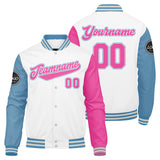 Custom Varsity Jacket Letterman jacket for Men, Women and Youth White Light Blue Pink