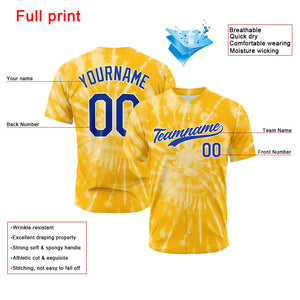 Custom Full Print Design Baseball Jersey yellow tie-dyed