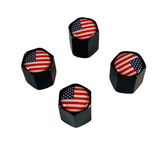 Set of 4 Black Valve Stem Caps with American Flag Logo - Patriotic Car Accessories